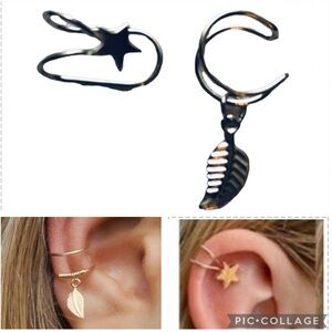 💜3/$30 Silvertone Double Wrap Star and Feather non piercing Cartilage Ear Cuff